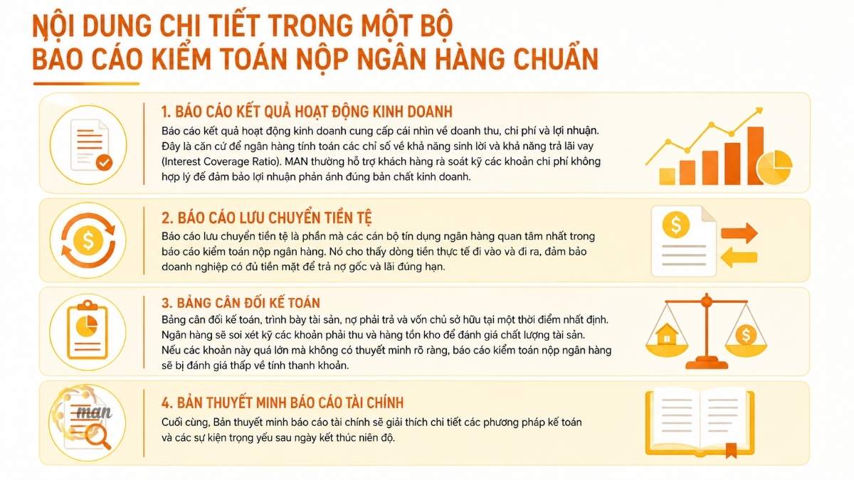 Nội dung chi tiết trong một bộ báo cáo kiểm toán nộp ngân hàng chuẩn