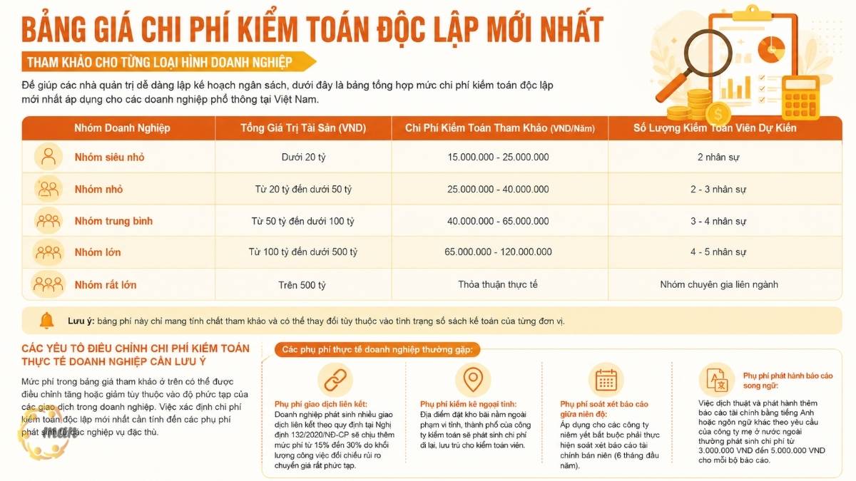 Bảng giá chi phí kiểm toán độc lập mới nhất tham khảo cho từng loại hình doanh nghiệp