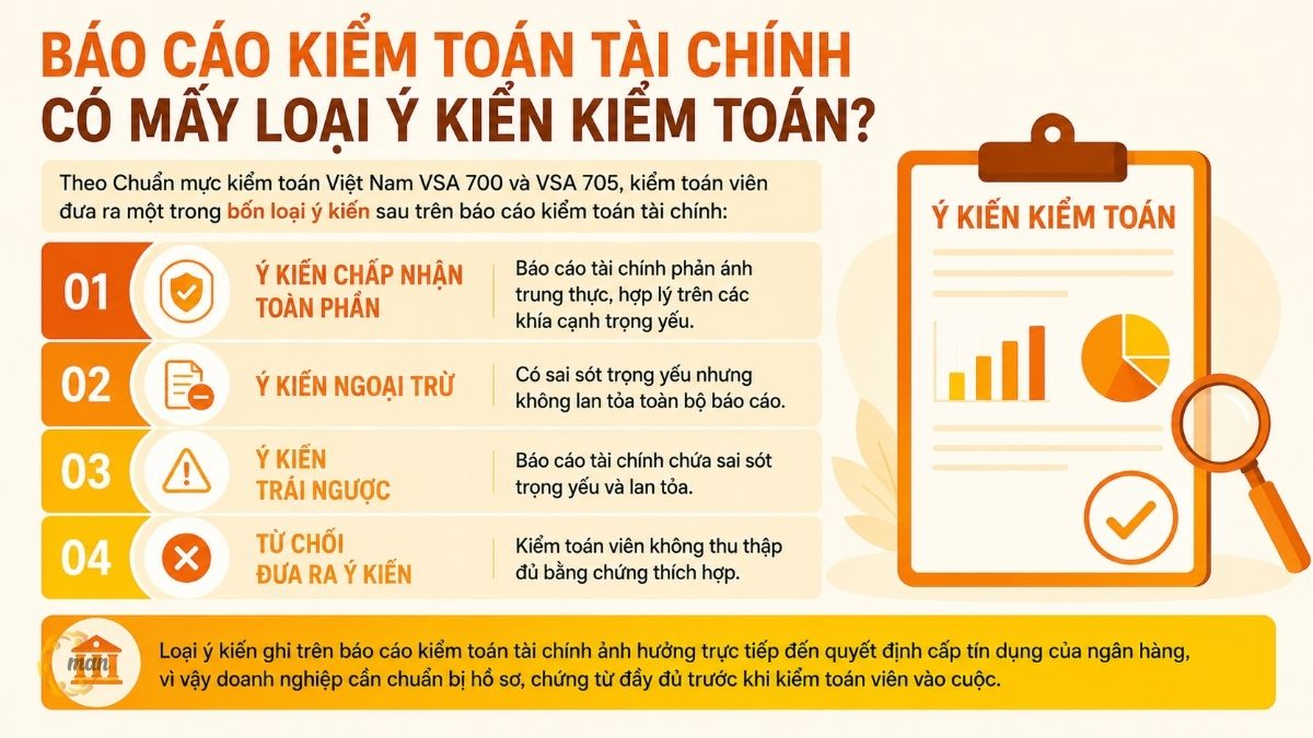 Báo cáo kiểm toán tài chính có mấy loại ý kiến kiểm toán?