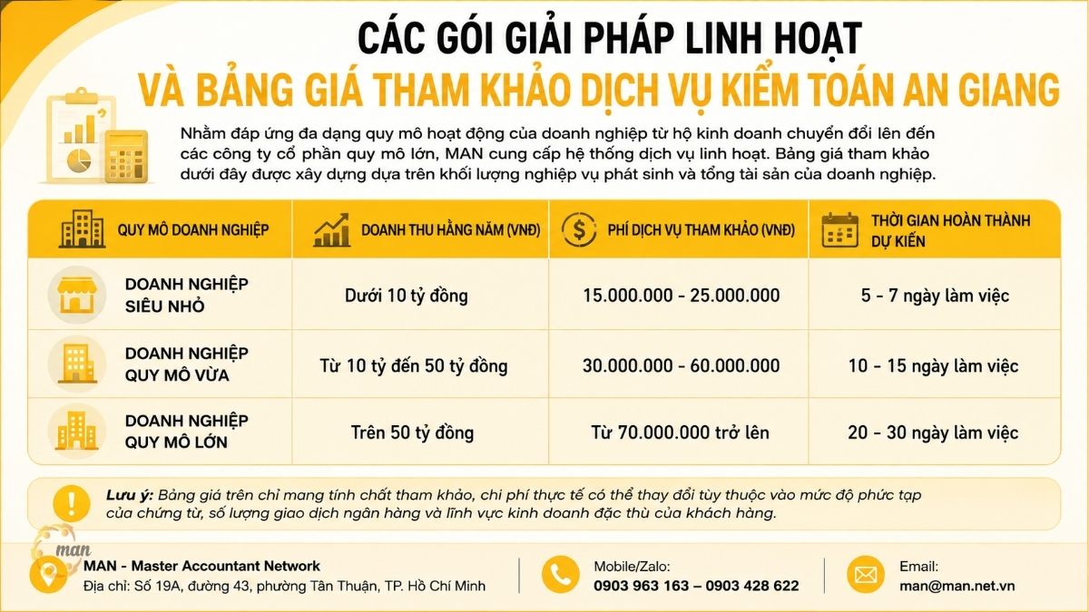 Các gói giải pháp linh hoạt và bảng giá tham khảo dịch vụ kiểm toán An Giang